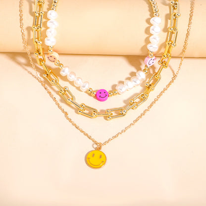 New Fashion Alloy Necklace Set Multi-layered Sweater Chain Creative Smiley Pendant Pearl Necklace