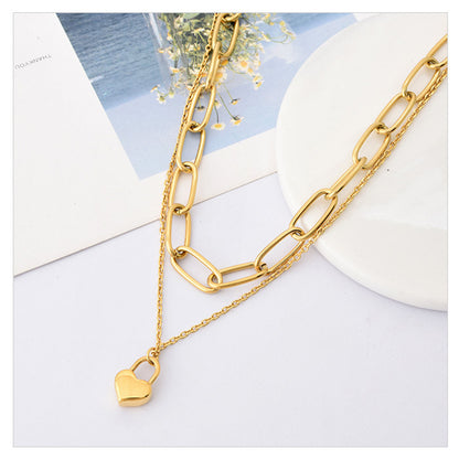 Fashion Hip-hop Heart-shaped Titanium Steel Thick Chain Double-layer Clavicle Chain