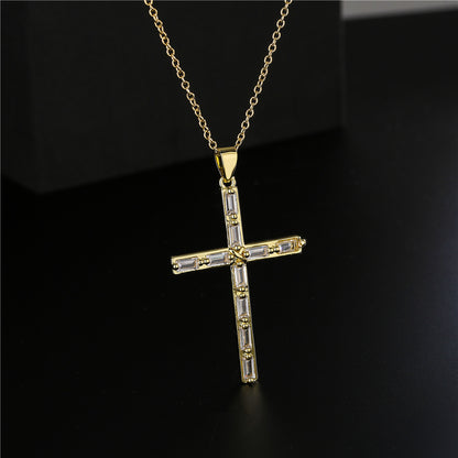 Europe And America Religious Jewelry Copper Plated 18k Gold Zircon Cross Pendant Necklace