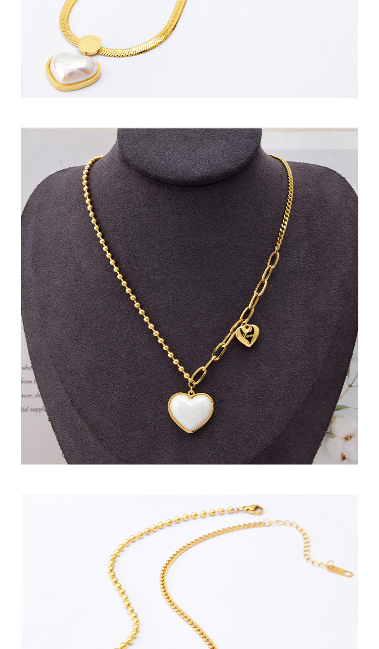 Fashion Heart Shape Titanium Steel Necklace Inlay Artificial Pearls Stainless Steel Necklaces 1 Piece