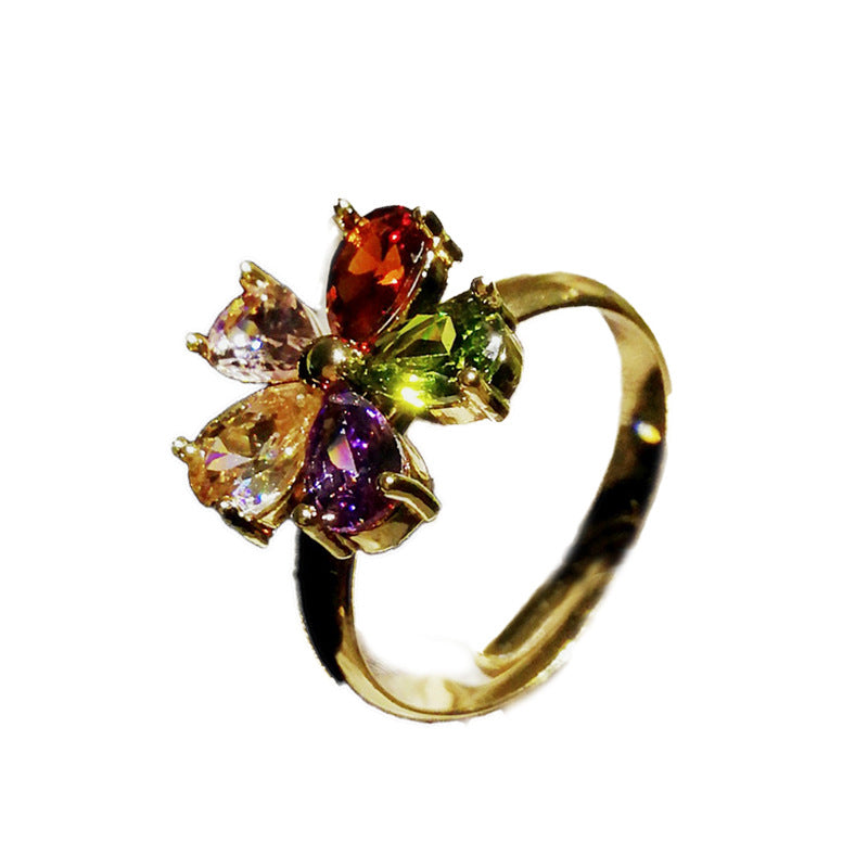 Sweet Flower Copper Inlay Zircon Open Ring