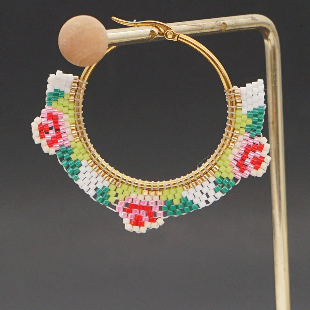 Ethnic Style Miyuki Rice Beads Hand-woven Fashion Rose Flower Hoop Earrings