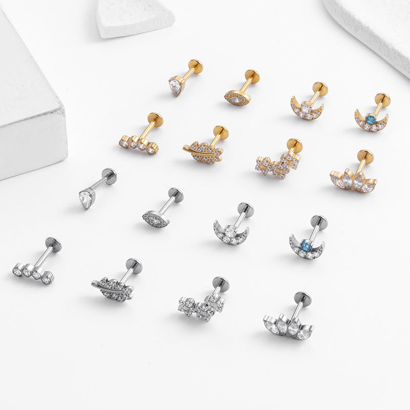 1 Piece Fashion Leaf Moon Flower Titanium Inlaid Zircon Ear Studs