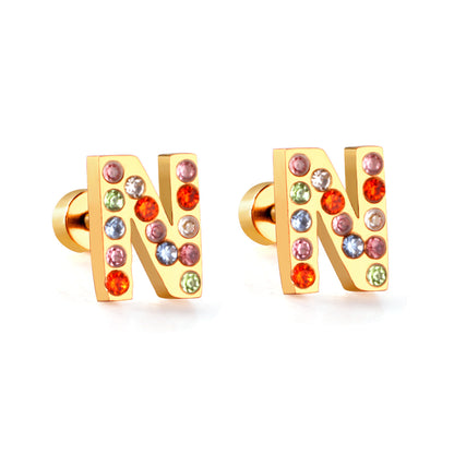 Fashion Letter Stainless Steel Inlay Zircon Ear Studs 1 Pair