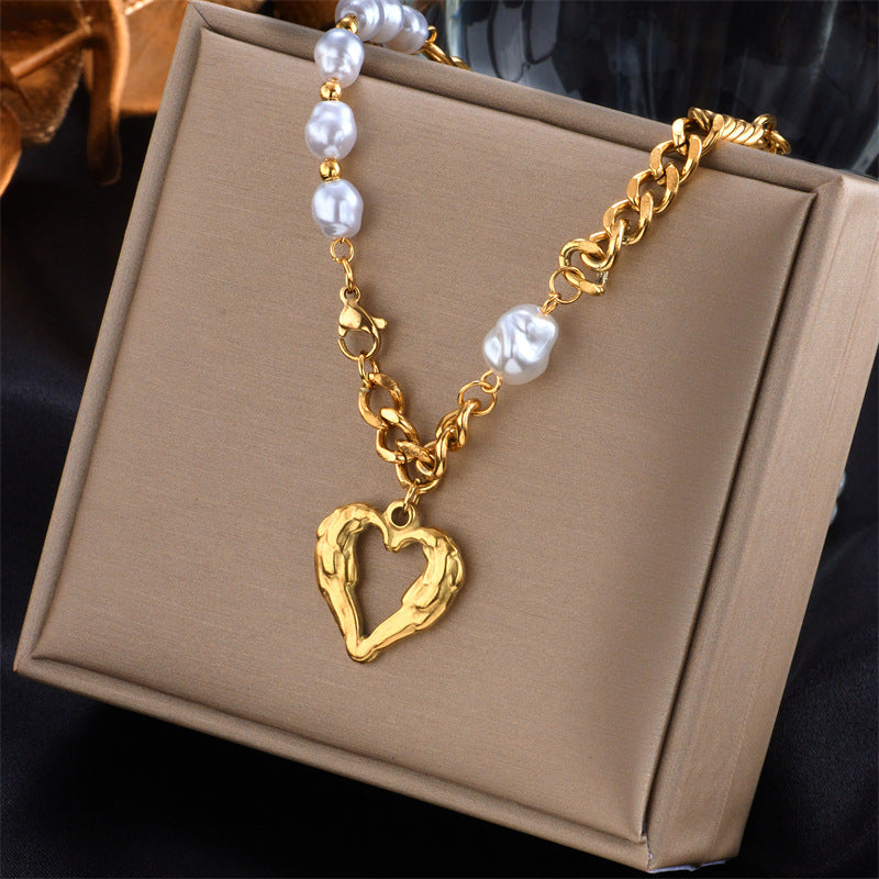 Fashion Simple Hollow Heart-shaped Titanium Steel Pearl Necklace