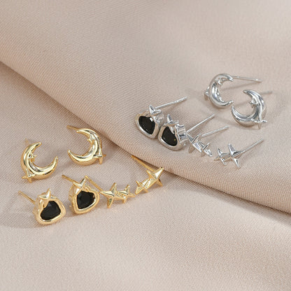 1 Set Simple Style Star Moon Heart Shape Plating Inlay Copper Zircon Ear Studs