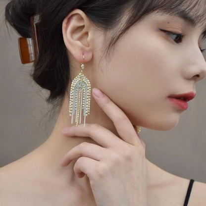 1 Pair Retro Tassel Plating Inlay Copper Rhinestones Drop Earrings