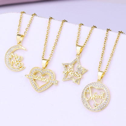 Fashion Mama Letter Heart Shape Stainless Steel Rhinestone Plating Inlay Zircon 18k Gold Plated Pendant Necklace