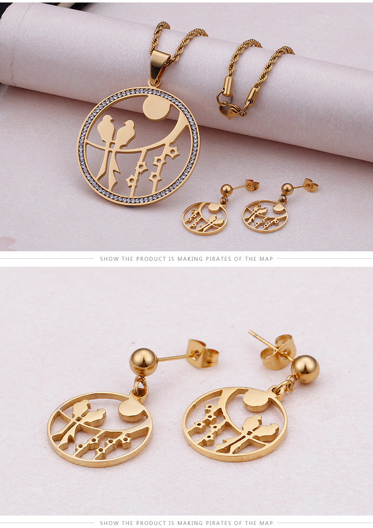 Fashion Titanium Steel Round Hollow Bird Necklace Earrings Set Wholesale Gooddiy