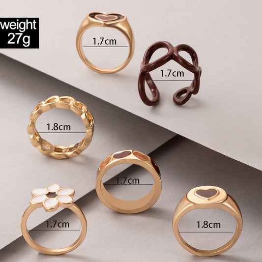 European And American Jewelry Brown Heart Drop Oil Ring Six-piece Geometric Flower Ring Set