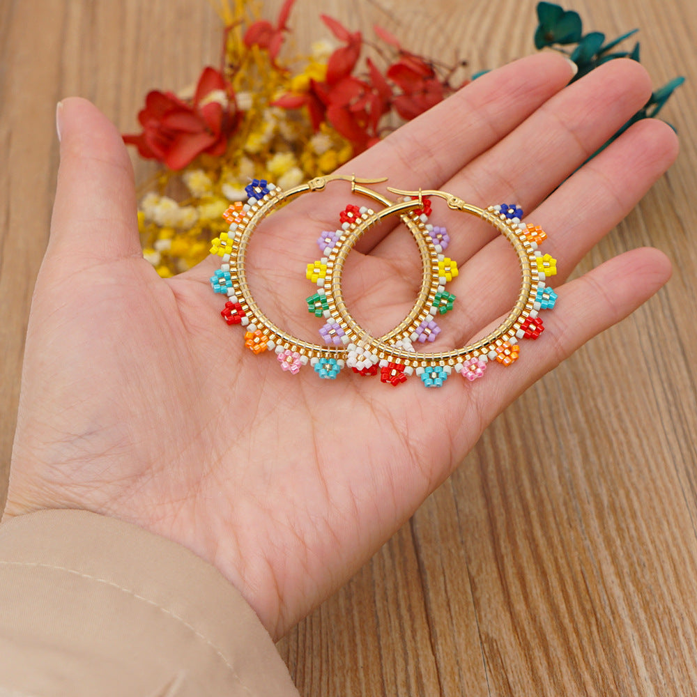 Miyuki Beads Color Flowers Stainless Steel Large Circle Bohemian Style Earrings Wholesale Jewelry Gooddiy