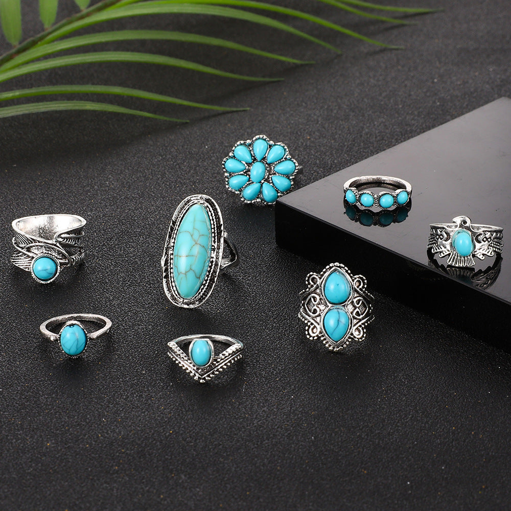 Exaggerated Ethnic Style Cool Style Leaf Round Snake Alloy Plating Inlay Turquoise Women's Rings