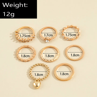 European And American Fashion New Simple Love Pendant Geometric Wave Knuckle Ring Retro Trendy Ring Eight-piece Set
