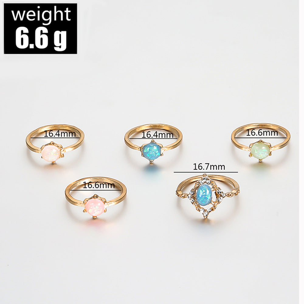 Cross-border New Fashion Candy Color Tail Ring Imitation Inlaid Amber Joint Ring 5-piece Ring Tail Ring