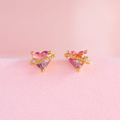 Hot Pink Peach Heart Stud Earrings Copper Plated 18k Real Gold Color Preserving Earrings