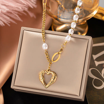 Fashion Heart Shape Titanium Steel Beaded Plating Inlay Pearl Shell Pendant Necklace 1 Piece