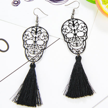 1 Pair Ethnic Style Tassel Skull Hollow Out Copper Drop Earrings