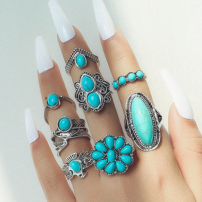 Exaggerated Ethnic Style Cool Style Leaf Round Snake Alloy Plating Inlay Turquoise Women's Rings