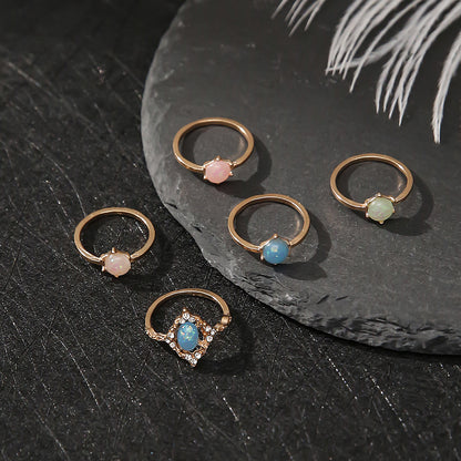 Cross-border New Fashion Candy Color Tail Ring Imitation Inlaid Amber Joint Ring 5-piece Ring Tail Ring