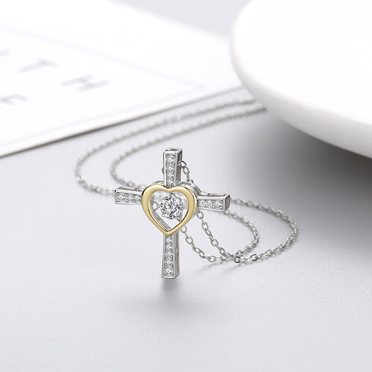 Elegant Streetwear Cross Heart Shape Sterling Silver Zircon Pendant Necklace In Bulk