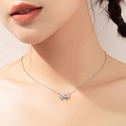 Simple Style Commute Bow Knot Sterling Silver Inlay Zircon Pendant Necklace