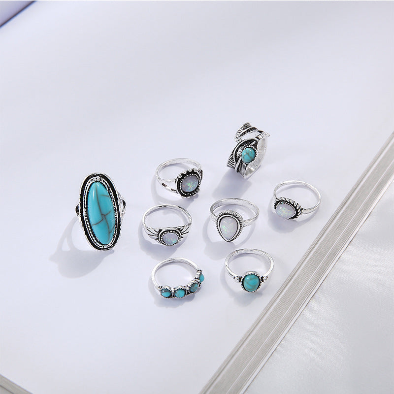 Retro Inlaid Turquoise Carved Feather Alloy Ring 8-piece Set