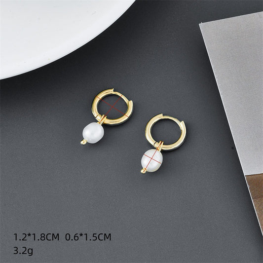 Cross-border new copper plating 14K real gold freshwater pearl earrings European and American fashion, simple baroque light luxury earrings