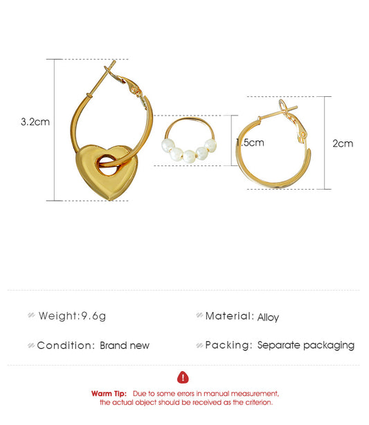 Cross-border New Arrival Pearl Hearth-shaped Earrings Set Europe And America Creative Metal Small Ear Ring Pearl Three-piece Earrings Set