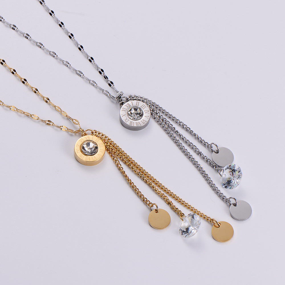 Fashion Simple Titanium Steel Diamond Roman Numerals Necklace Earrings Set