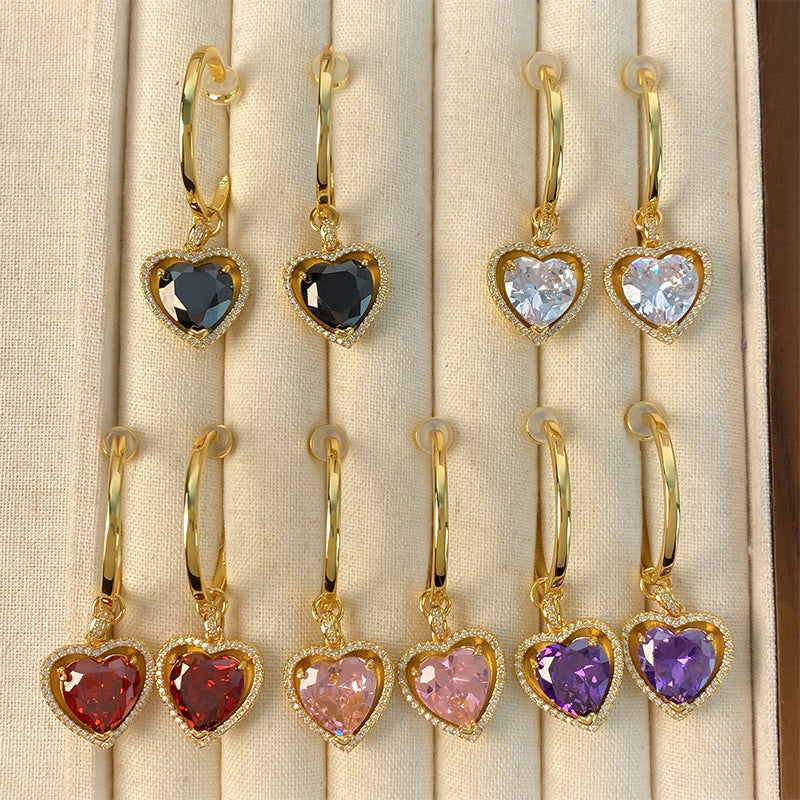 1 Pair IG Style Heart Shape Inlay Copper Zircon 18K Gold Plated Drop Earrings