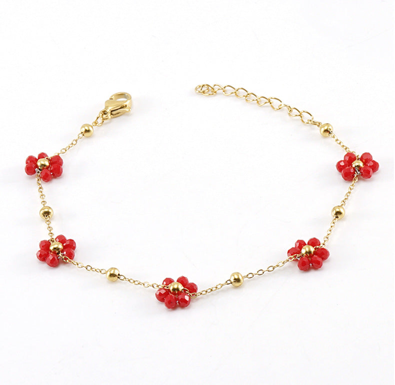 Wholesale Fashion Flower Artificial Crystal Titanium Steel Beaded Plating 18k Gold Plated Bracelets Necklace