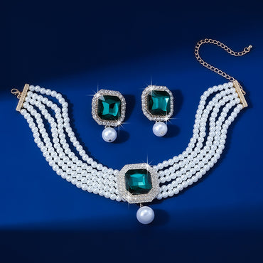 Elegant Glam Geometric Imitation Pearl Copper Crystal Zircon Women's Earrings Necklace Jewelry Set