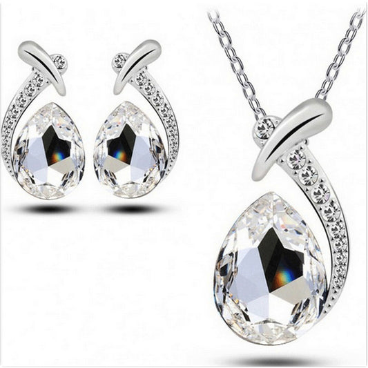 1 Set Fashion Water Droplets Alloy Austrian Crystal Women's Earrings Necklace