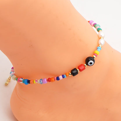 Ethnic Style Rainbow Glass Bead Freshwater Pearl Anklet