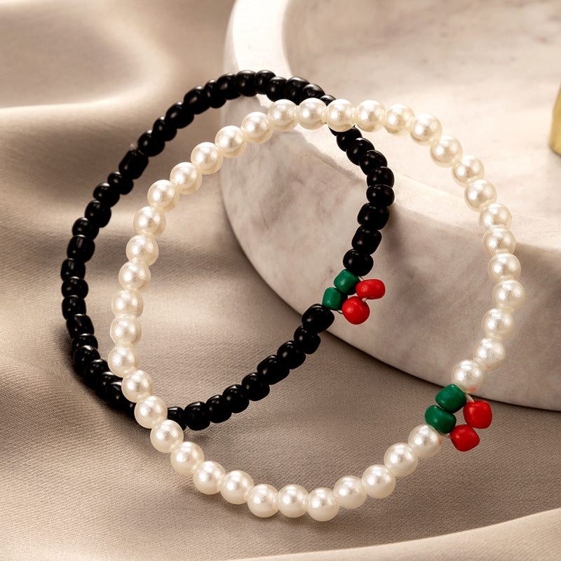 Ethnic Style Pearl Color Beaded Cherry Couple Bracelet Set