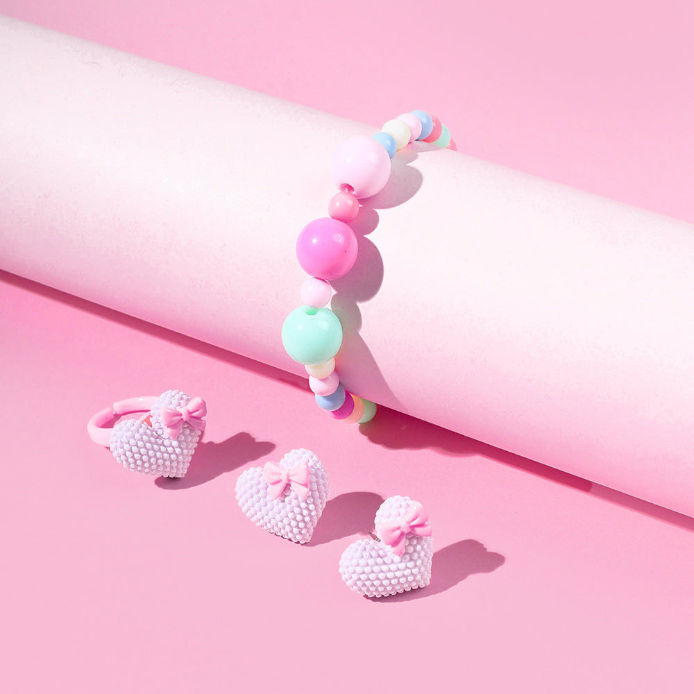 1 Set Fashion Heart Shape Plastic Beaded Girl's Rings Earrings Necklace