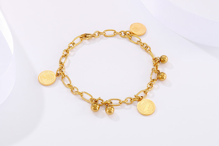 Fashion Stitching Retro Ethnic Round Card Portrait Stainless Steel Gold-color Bead Bracelet