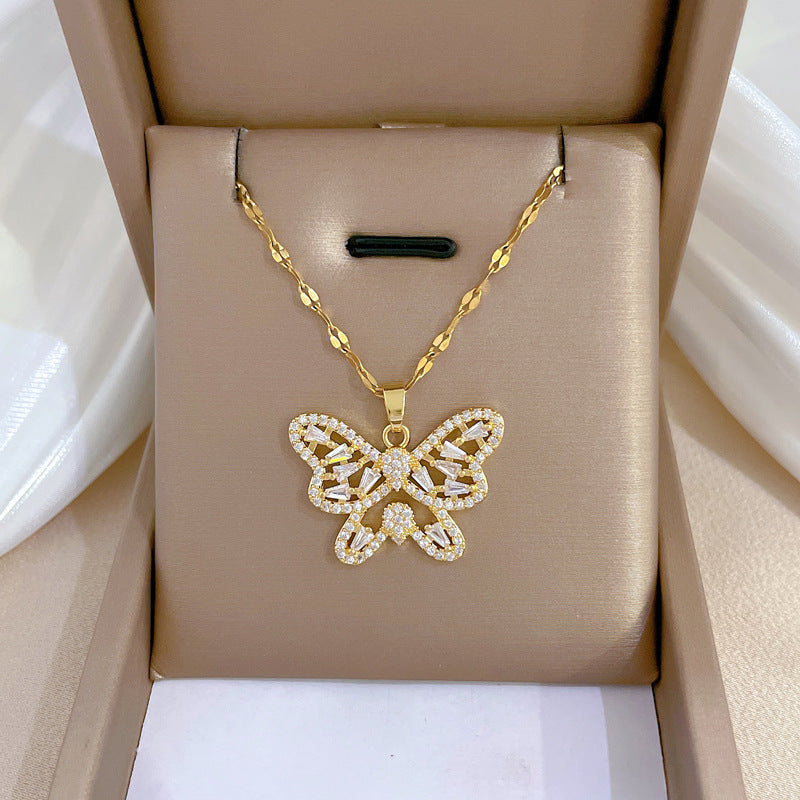 Fashion Butterfly Stainless Steel Copper Plating Zircon Pendant Necklace