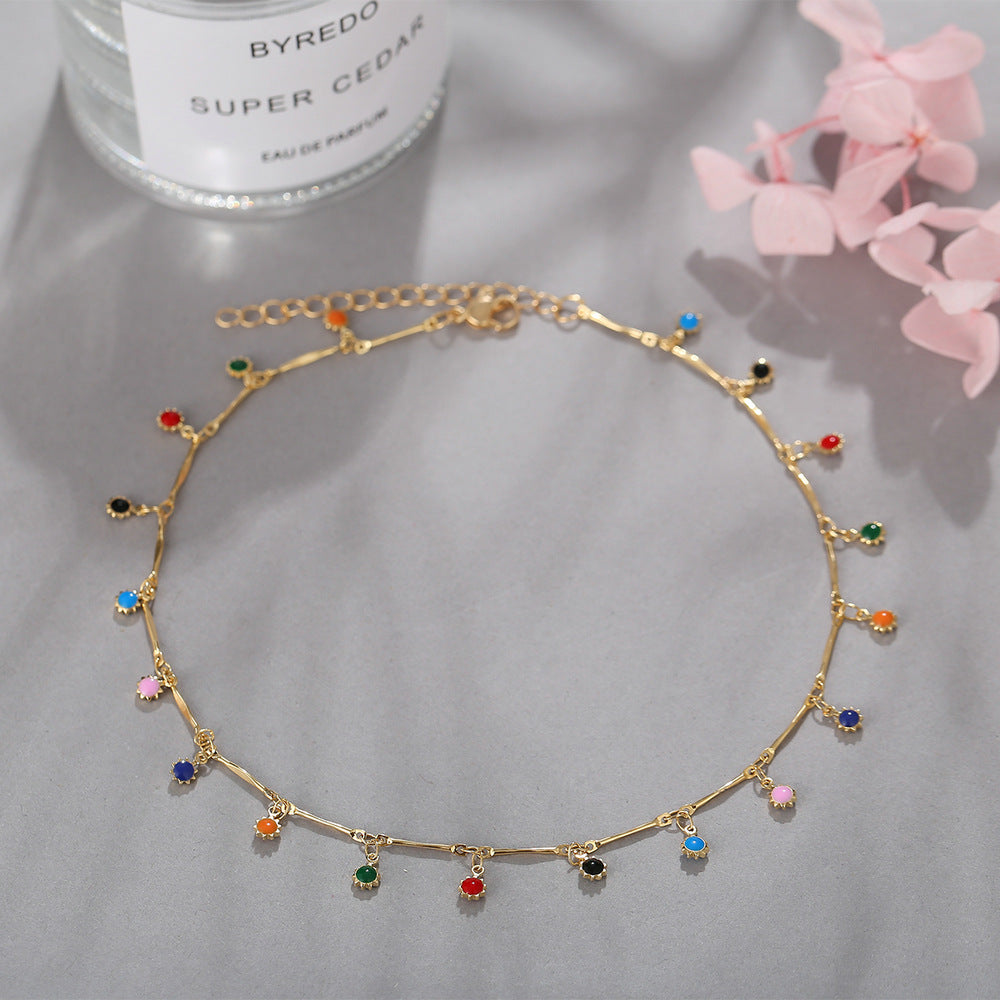 Retro Colorful Bead Tassel Pendant Alloy Necklace