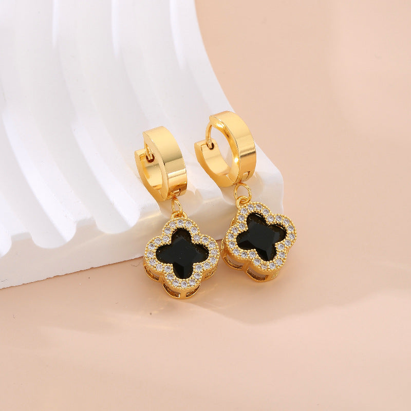 1 Pair Sweet Four Leaf Clover Square Plating Inlay Stainless Steel Zircon Earrings