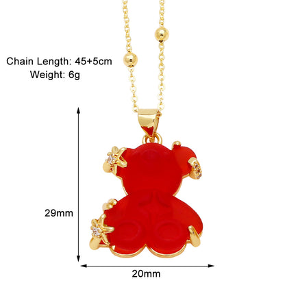 Copper Gold Plated Cute Simple Style Bear Inlay Resin Zircon Pendant Necklace