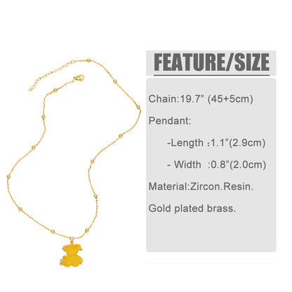 Copper Gold Plated Cute Simple Style Bear Inlay Resin Zircon Pendant Necklace