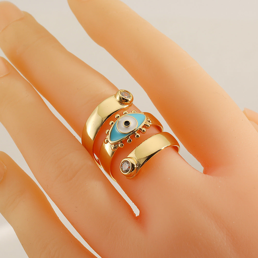 Fashion Geometric Devil's Eye Copper Open Ring Enamel Zircon Copper Rings