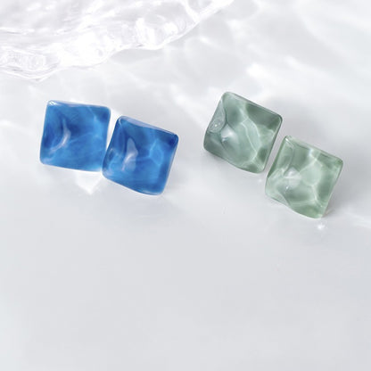 Simple Design Jelly Color Blue Wave Refreshing Water Ripple Ice Blue Square Resin Earrings