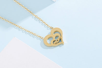 Titanium Steel Gold Double Heart Shaped Letter Mom Pendant Necklace