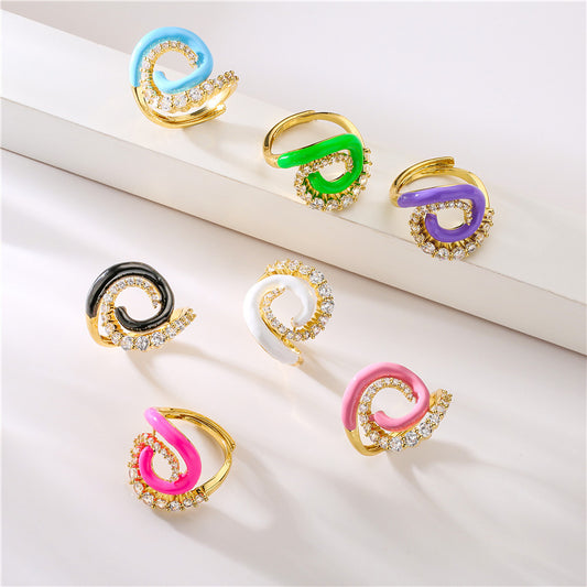 Fashion Geometric Color Block Copper Enamel Zircon Open Ring