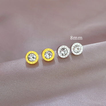 1 Pair Simple Style Round Number Plating Inlay Titanium Steel Zircon Ear Studs