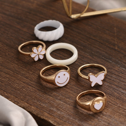 European And American New Oil Dripping Butterfly Smiley Ring 6-piece Cross-border Ins Love Joint Ring Suit Hzs2215