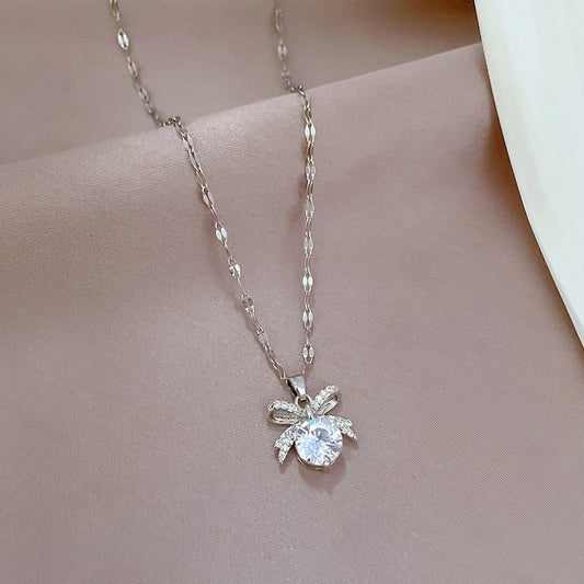 Sweet Bow Knot Stainless Steel Copper Inlay Artificial Gemstones Pendant Necklace