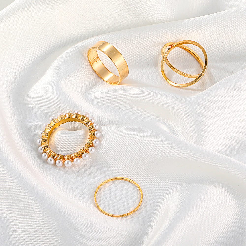 Fashion Geometric Four-piece Pearl Ring Set